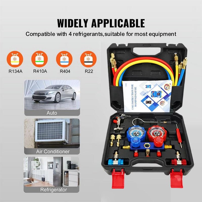 AC Gauge Set R410a R134a R22,Air Conditioning Pressure Manifold Gauge Hose Adapter,Automotive AC Manifold Gauge with Hoses,Quick Couplers, Adapters,Refrigerant Refill Kit for Car, Home Use - Image 2